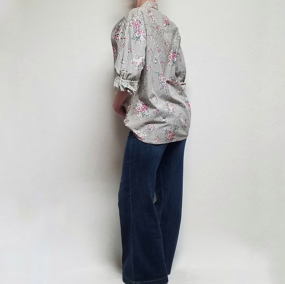 Casey & Max Vintage 80s Mixed Media Floral Striped Hi-low Button Up Blouse L - Picture 3 of 15